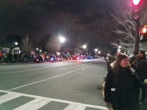 Monday night, circa 7:50pm, an orderly crowd protesting Trump's executive order banning Muslims confined itself to the sidewalks, encouraged by US Capitol Police on motorcycles, who circulated to keep the streets clear.