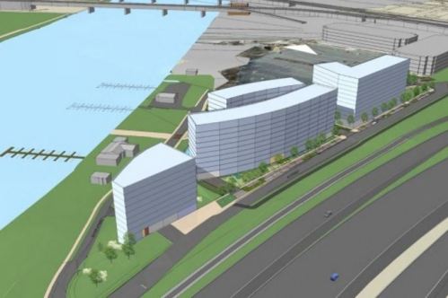 Rendering of the massing plan for the four structure (but three building) complex 