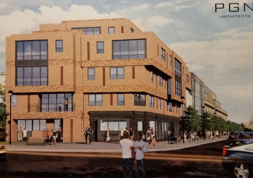 View of the proposed concept looking west.  The dimensions of the site's former one story building remain as a distinct element of the building's design.  