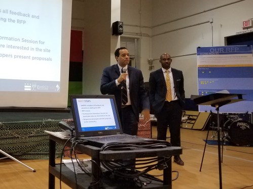 Demonstrating a hands on approach to the OUR RFP process which is based on determining the preferences of the community regarding the development of surplus city property, Deputy Mayor for DMPED Brian Keller outlined how the process will unfold.  At right is DMPED project manager Dion Townley